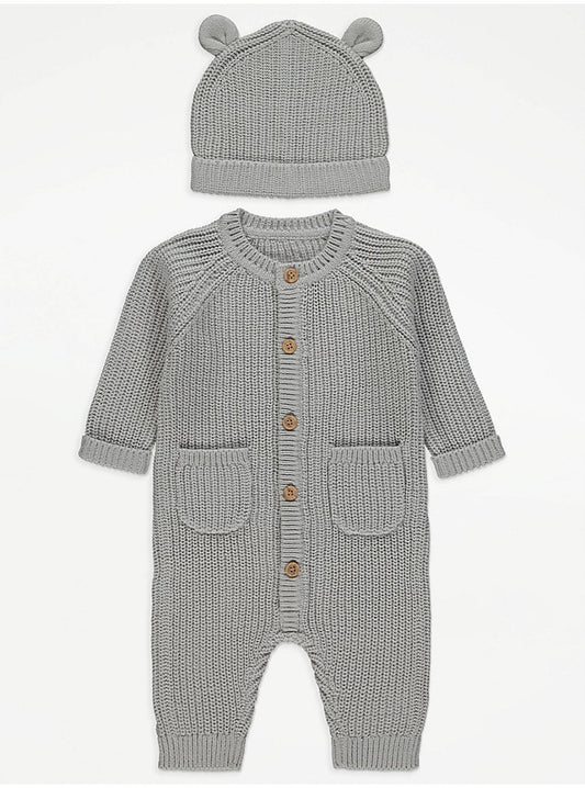 Grey Knitted All In One and Hat Set