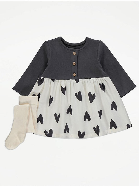 Charcoal Heart Button Up Dress and Tights Outfit