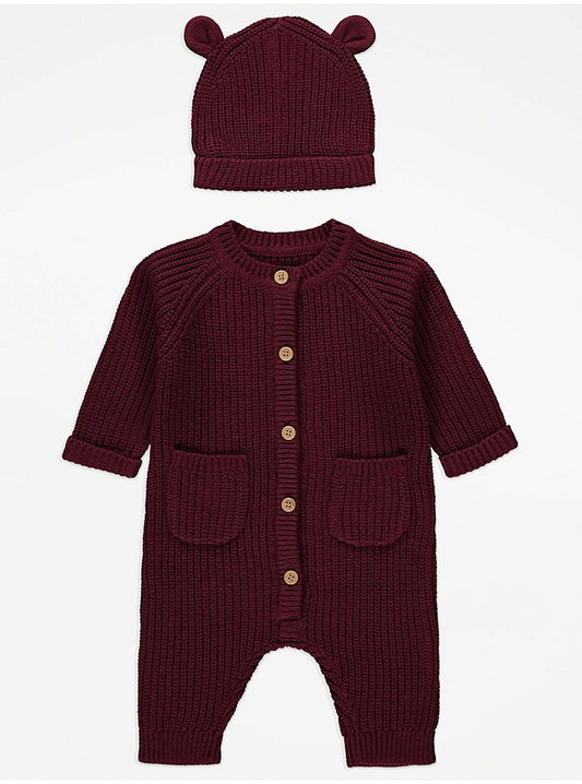 Burgundy Knitted All In One and Hat Outfit