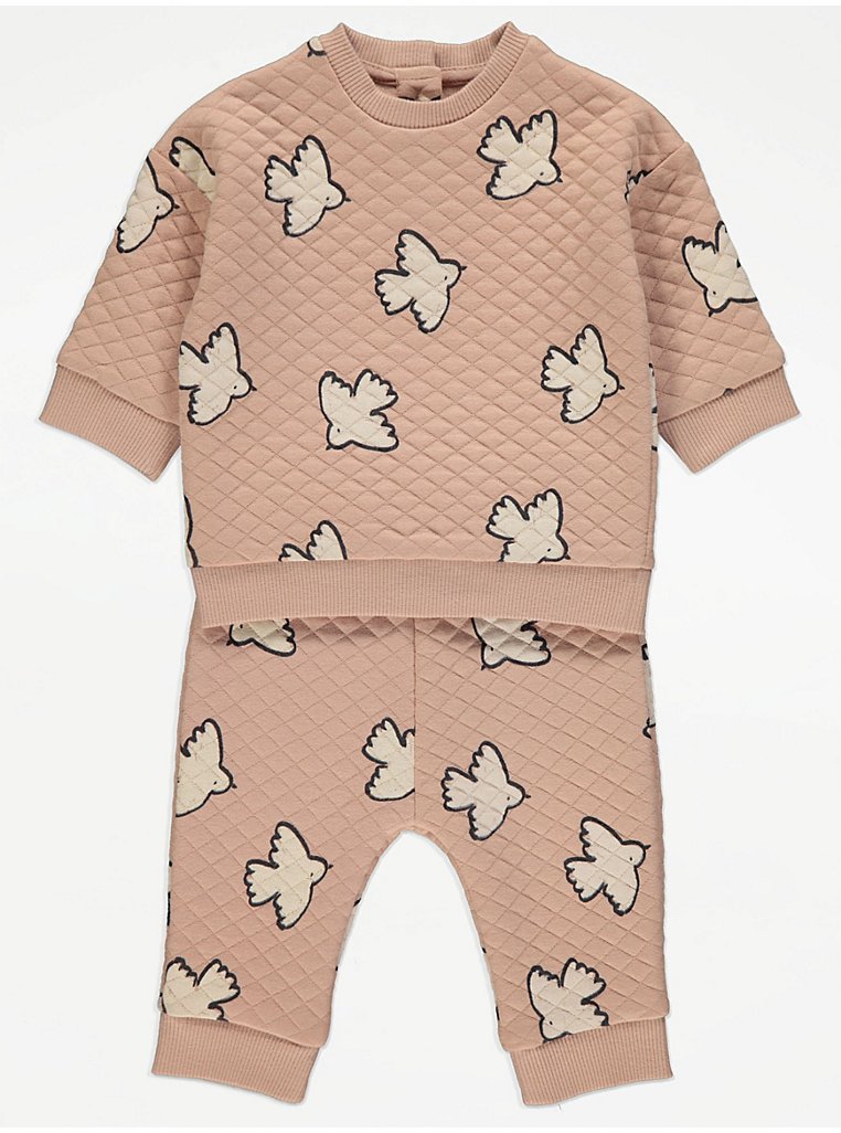 Beige Bird Quilted Sweatshirt and Trousers Outfit