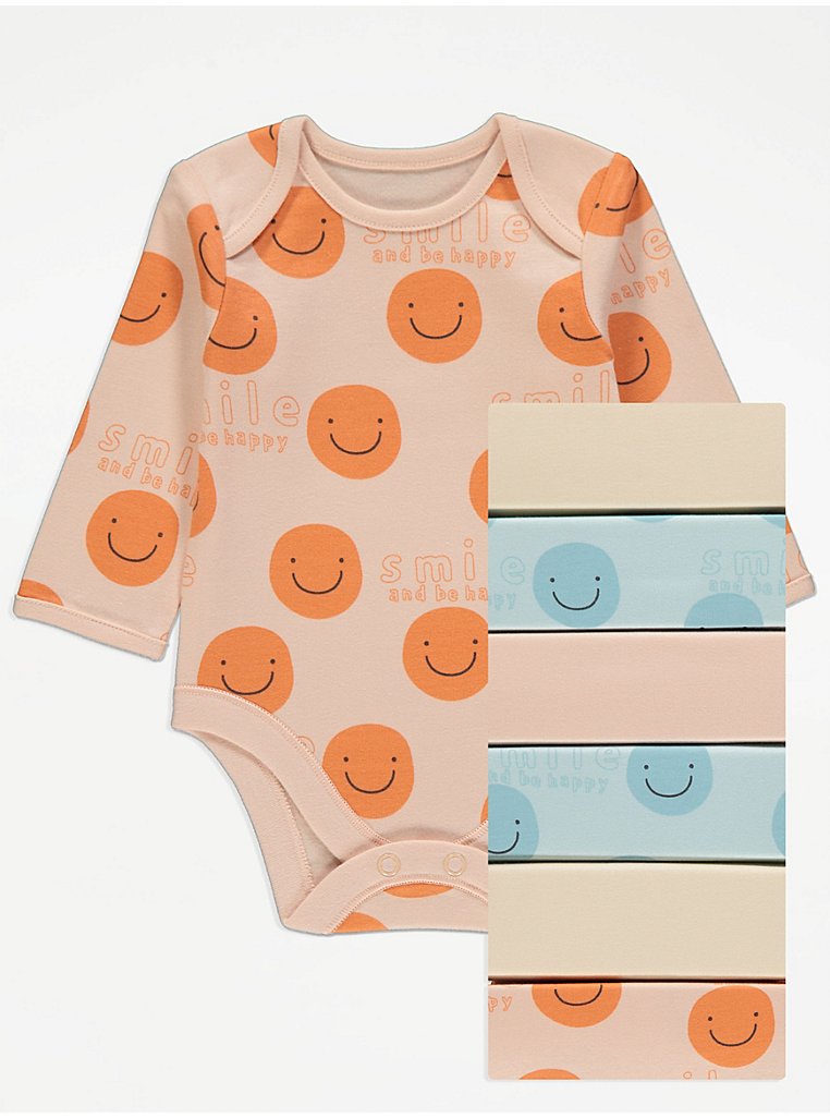 Smiley Face Long Sleeve Bodysuits 7 Pack