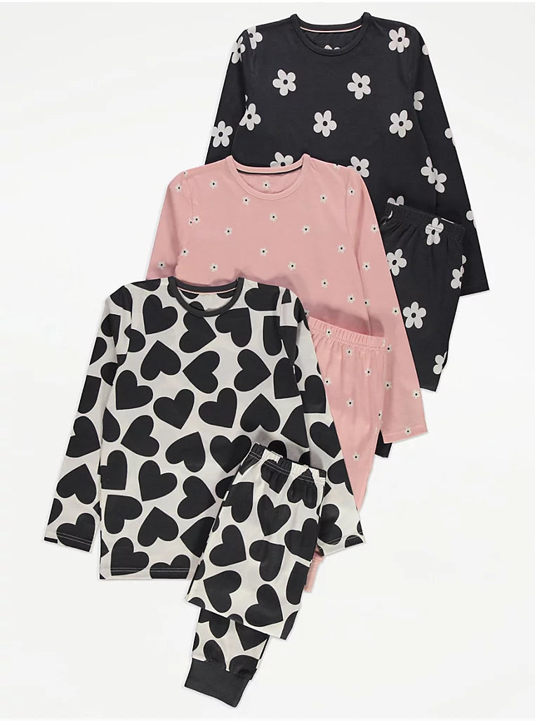 Floral Heart Long Sleeve Pyjamas 3 Pack