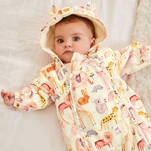 Cream Character Print Baby All In One Lightweight Pramsuit