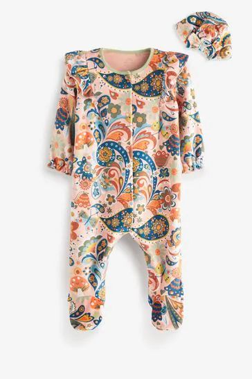 Paisley Velour Baby Sleepsuit And Turban Hat