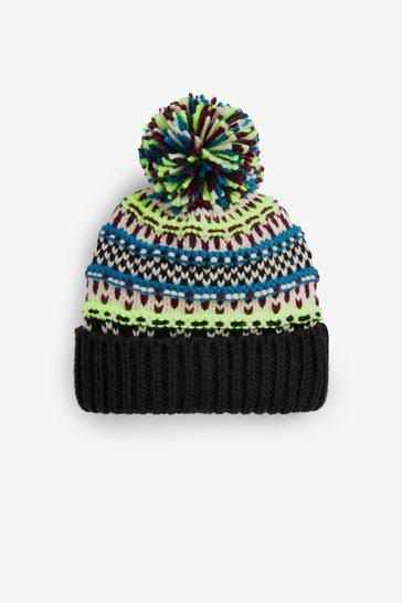 Fluorescent Fairisle Knitted Pom Ha