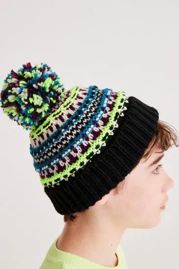 Fluorescent Fairisle Knitted Pom Ha