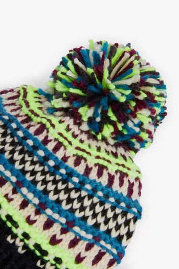 Fluorescent Fairisle Knitted Pom Ha