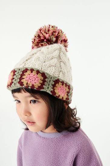 Ecru White Crochet Trim Pom Pom Beanie Hat