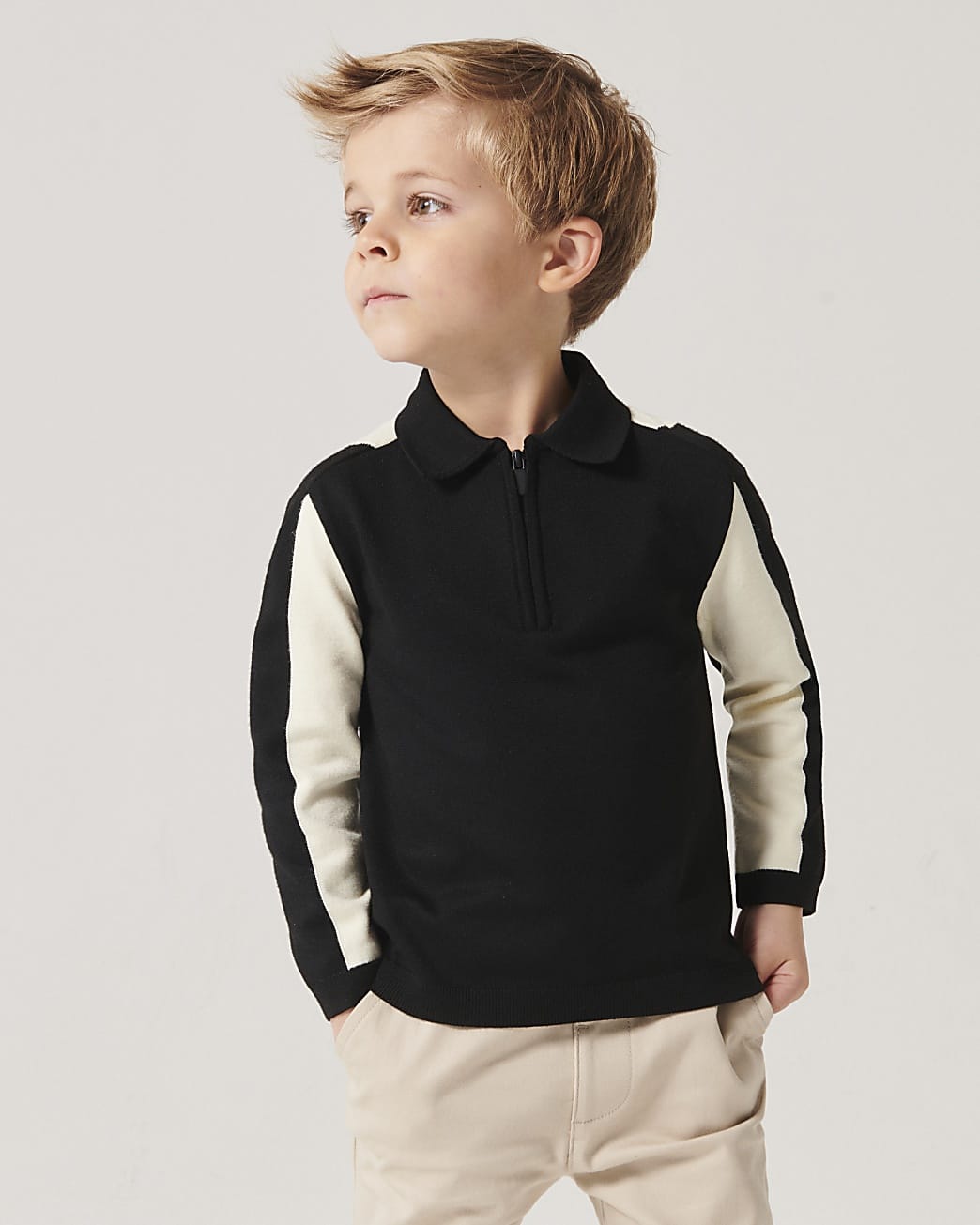 Mini Boys Black Colour Block Zip Polo Top