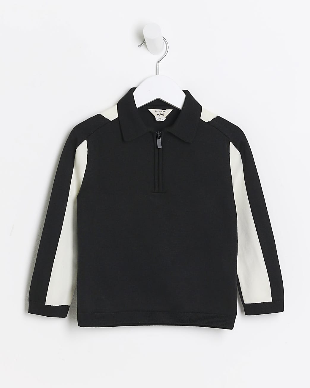 Mini Boys Black Colour Block Zip Polo Top