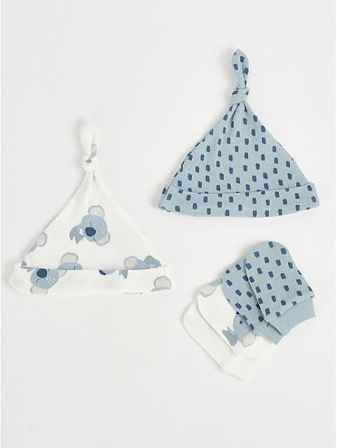 Blue Koala Print Hat and Scratch Mittens Set 2 Pack