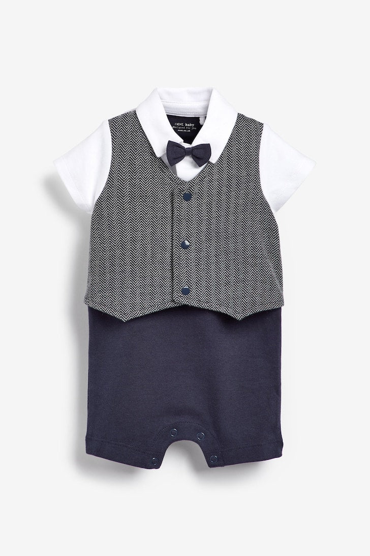 Grey/White Smart Bow Tie And Waistcoat Romper