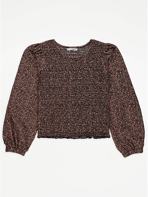 Black Printed Shirred Long Sleeve Top