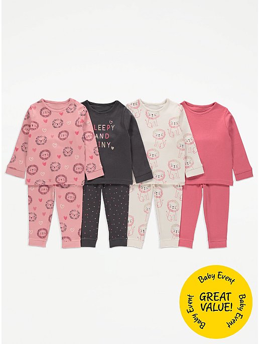 Pink Lion Print Long Sleeve Pyjamas 4 Pack