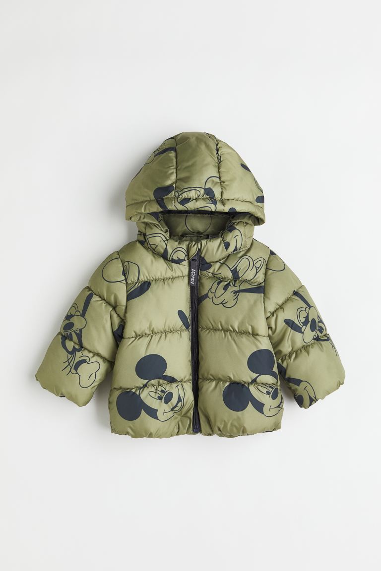 Khaki green/Disney Patterned puffer jacket Mickey