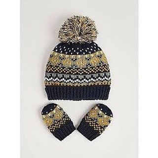 Navy Assorted Knitted Fairisle Bobble Hat and Mittens Set